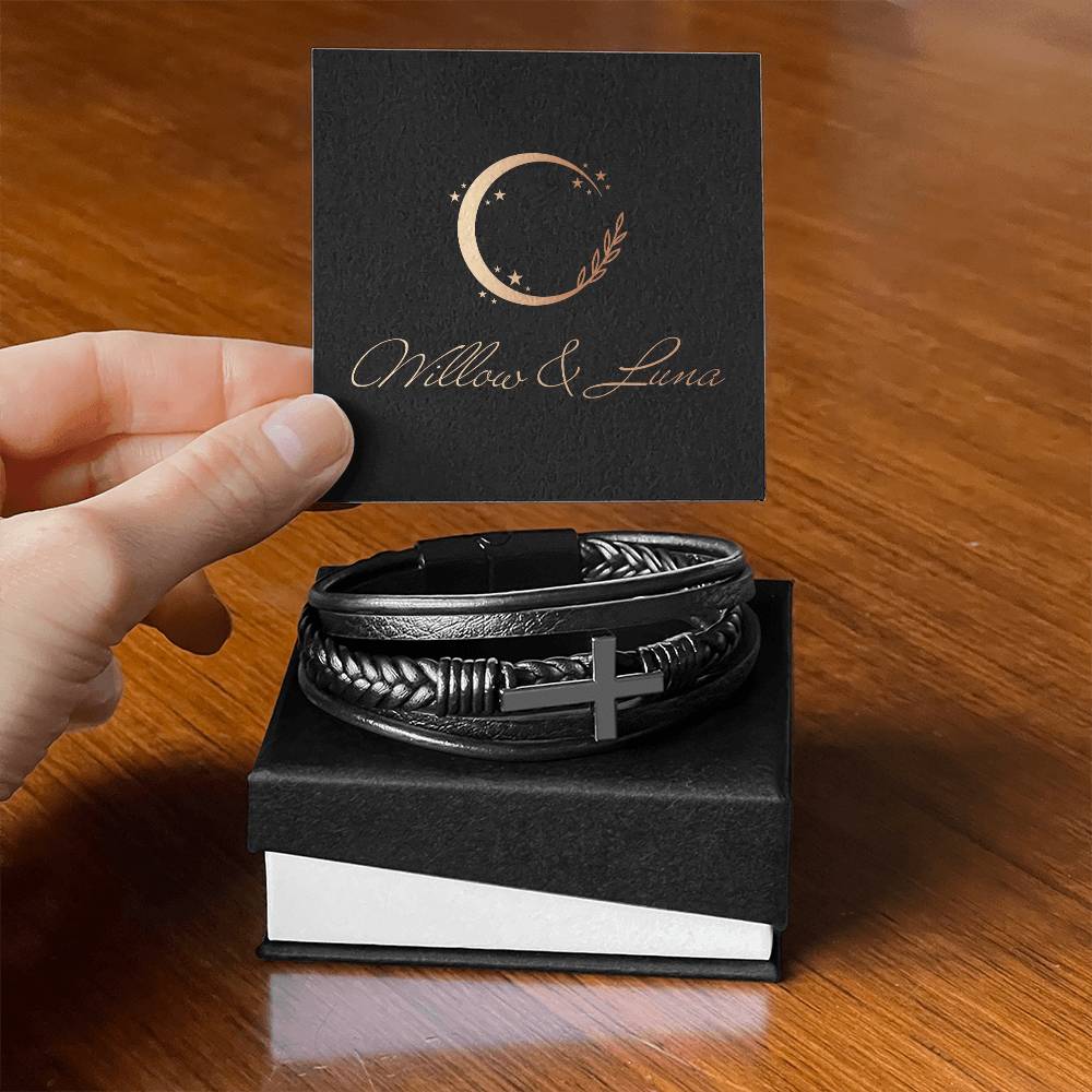 Men's Stainless Steel and Vegan Leather Cross Bracelet - Willow & Luna