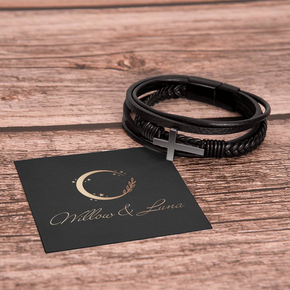 Men's Stainless Steel and Vegan Leather Cross Bracelet - Willow & Luna