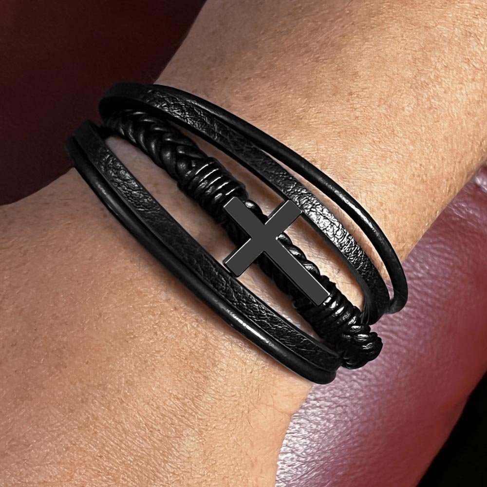 Men's Stainless Steel and Vegan Leather Cross Bracelet - Willow & Luna