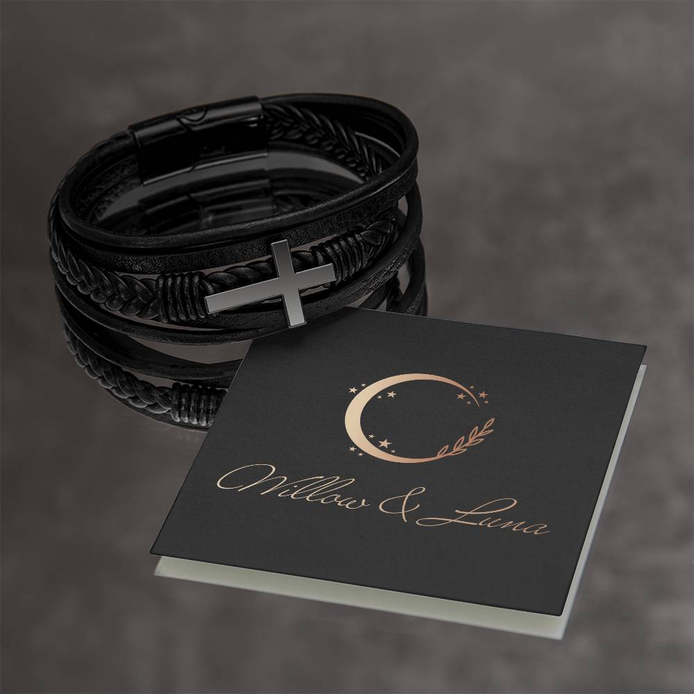 Men's Stainless Steel and Vegan Leather Cross Bracelet - Willow & Luna