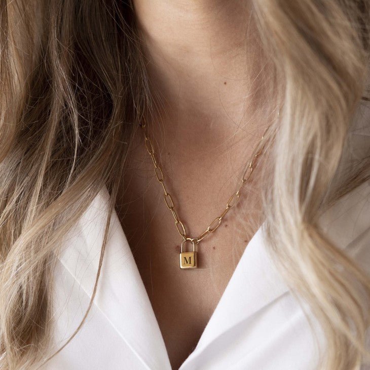 Paperclip Chain Initial Lock Necklace - Willow & Luna