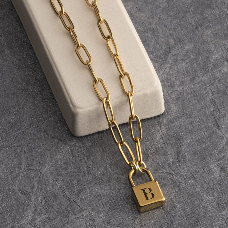 Paperclip Chain Initial Lock Necklace - Willow & Luna